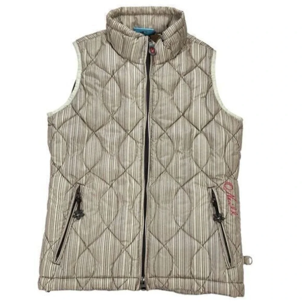 O'Neill Transit Quilted Puffer Vest Women S Tan Brown Striped Goose Down Outdoor